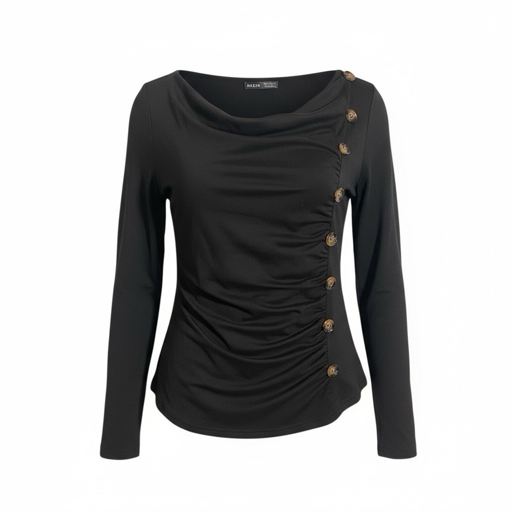 SHEIN Womens Black Long Sleeve Cowl Neck Ruched Side Button Blouse Size M